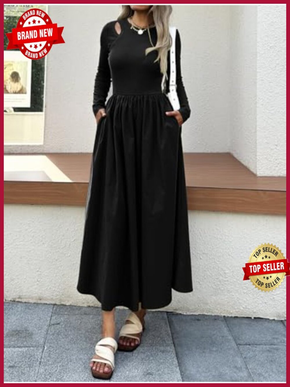 Long Sleeve Maxi Dress with Pockets Cutout Shoulder A-Line Flowy Full Length - Picture 4 of 5